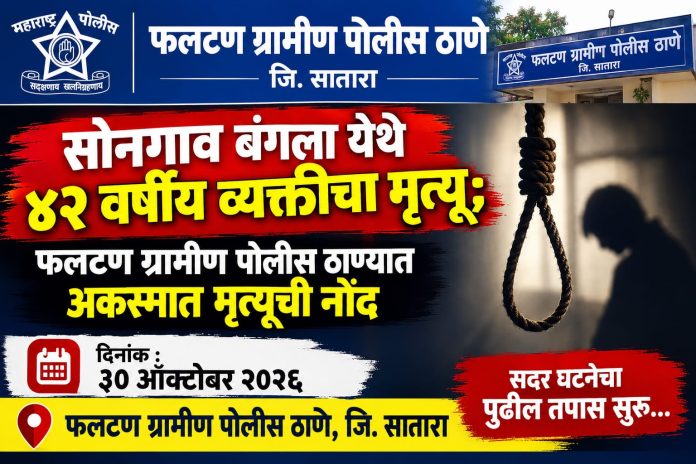 फलटण ग्रामीण पोलीस ठाणे, जि. सातारा  सोनगाव बंगला येथे ४२ वर्षीय व्यक्तीचा मृत्यू; फलटण ग्रामीण पोलीस ठाण्यात अकस्मात मृत्यूची नोंद  दिनांक : ३० ऑक्टोबर २०२६